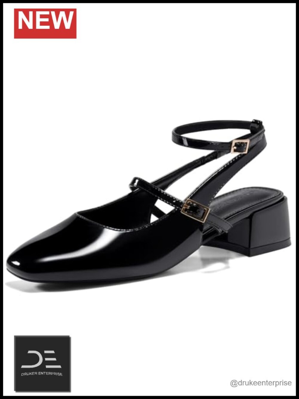 Chunky Low Heel Pumps Square Toe Ankle Strap Faux Leather